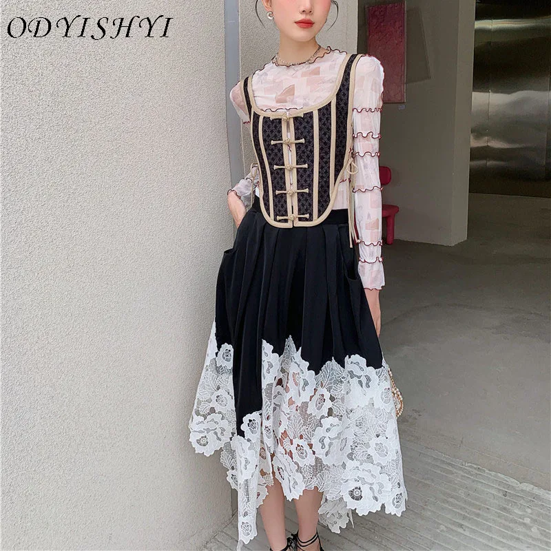 

Women Spring Summer Slim Fashion Spliced Waistcoat Female Lace Asymmetrical Skirt Ladies High Street Designed Skirt Set ML323