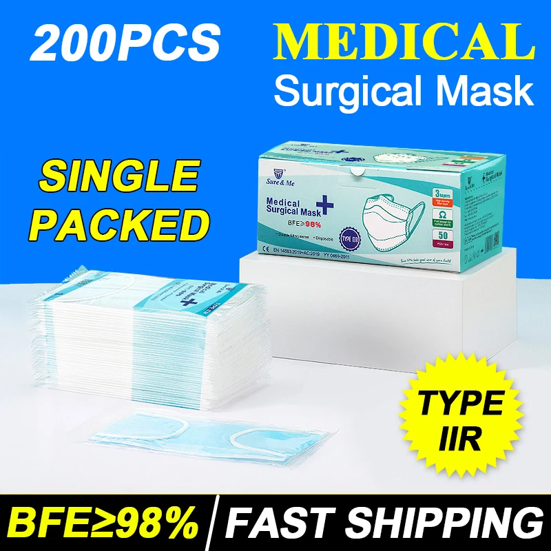 

200PCS Medical Disposable Face Mouth Masks Non-Woven Face Masks 3 Layers Filter Earloop Surgical Mask Breathable mascarilla CNF