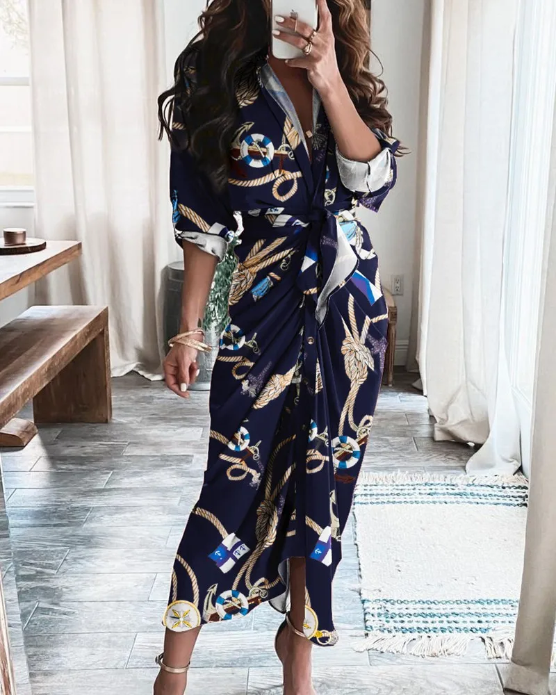 

Summer Woman Dress Longsleeve Long Dress Fashion Button Pleated Shirt Dress Fashion Casual Dresses Printing V-neck Beach Dress