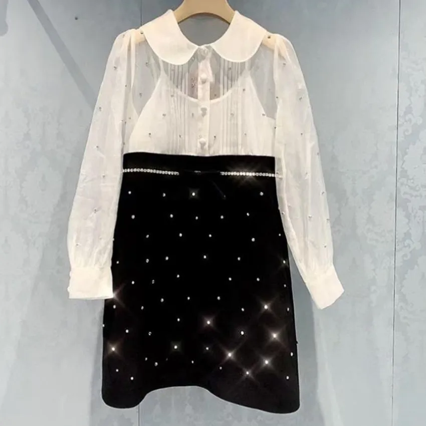 

French style autumn winter white temperament peter pan collar rhinestone dress women puff long sleeve sweet diamond party dress