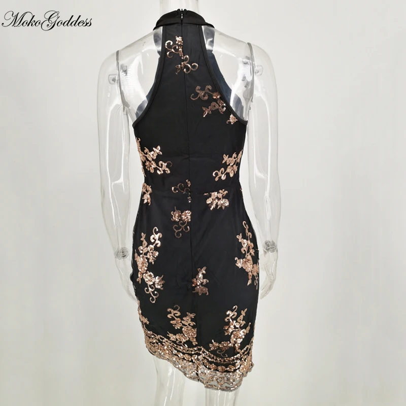 Платье-Карандаш женское золотистое с блестками и лямкой на шее | Женская одежда