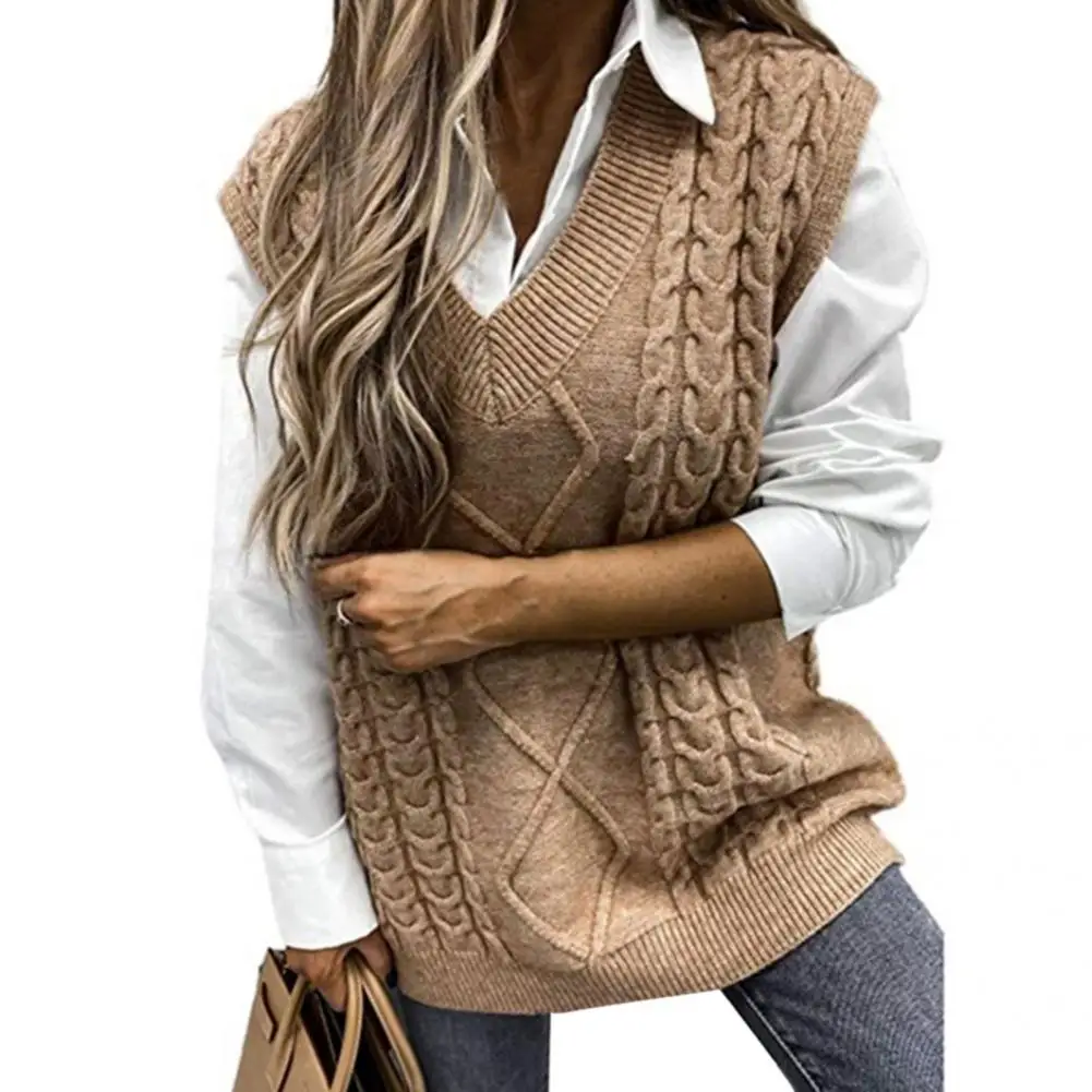 

Warm Casual V-Neck Lady Sweater Vest Pullover Breathable Knitting Vest Loose for Office