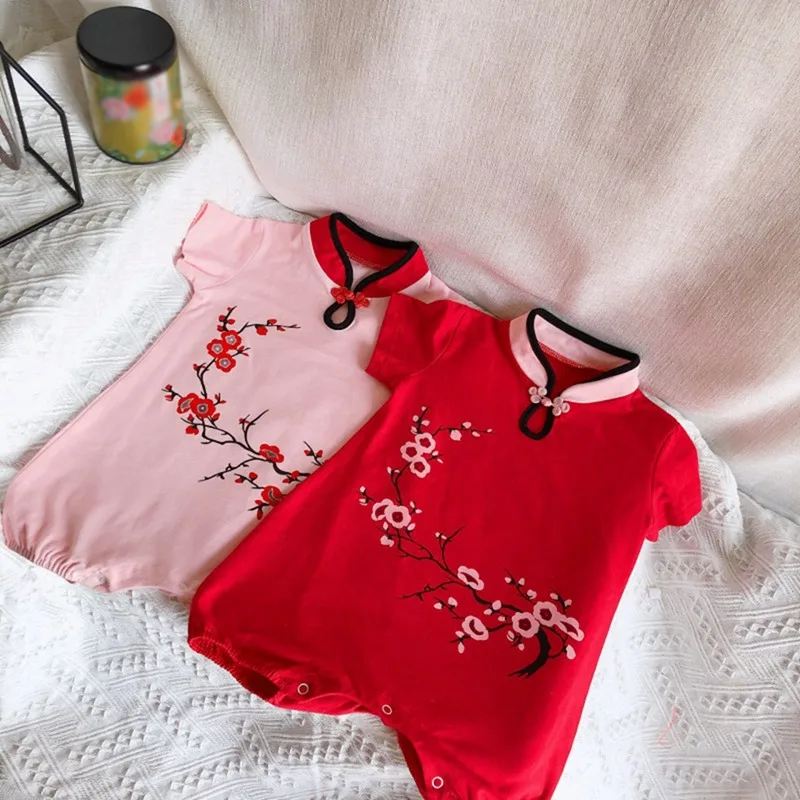 

Summer Baby Girls Romper Short Sleeve Retro Flower Print Rompers Kids