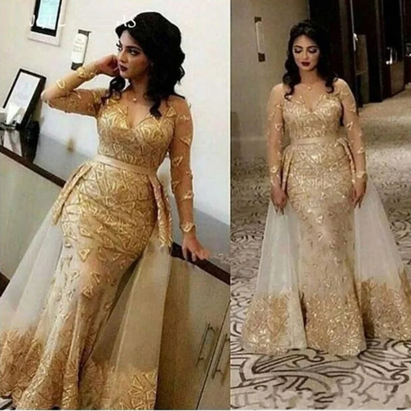 

2021 Arabic Gold Champagne Evening Dresses Wear For Women Mermaid Lace Appliques Beads Overskirts Floor Length Formal Prom