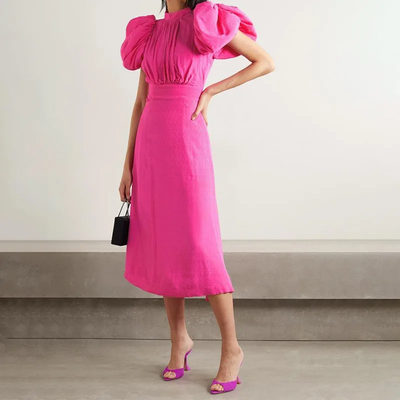

MSXU Summer 2021 Women Dress Puff Sleeve Sexy Halter Lace-up Pure Color Dress Vestidos Chic Elegant A Line Midi Long Dress