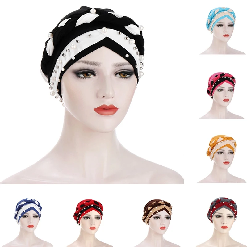 

Headscarf Cap Monochrome Braid Nailwhite Pearl Muslim Pleated Indian Hat Women Stretchable Patched Lady Scarf Turban