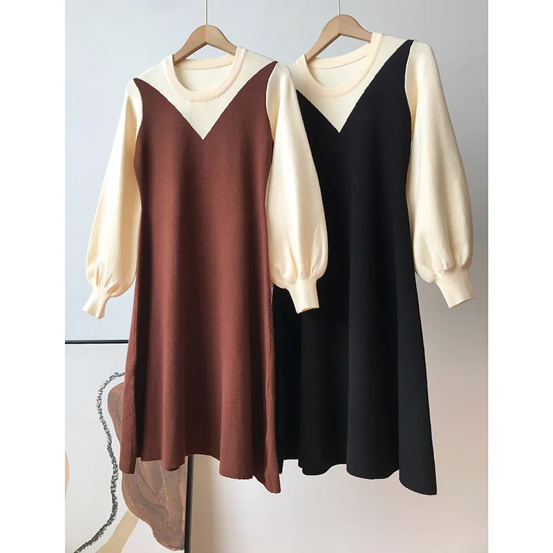 

2021Autumn O-Neck Stitching Sweate Dress Elegant Women Puff Sleeve Casual Mid-Length A-Line Vestidos Korean Fashion Mujer Casual