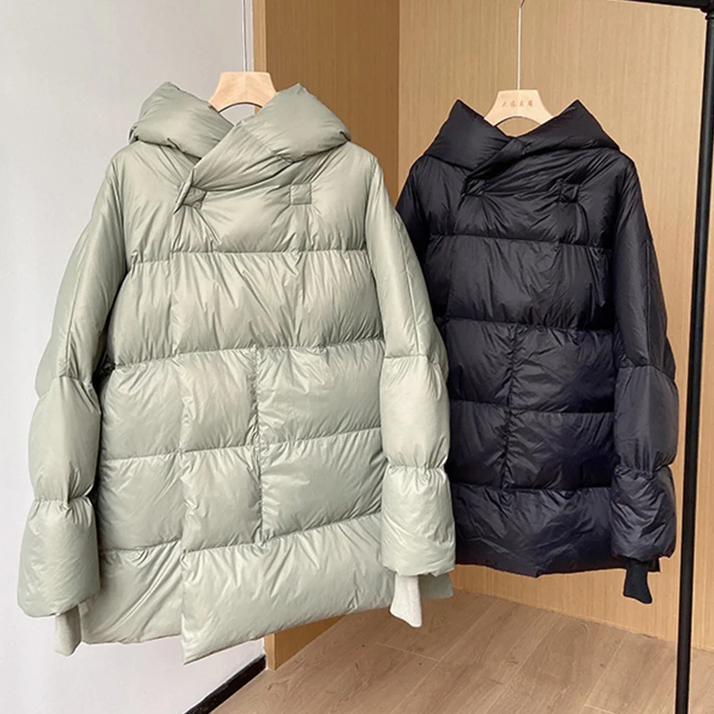 

New Arrival 2021 Winter Casual Women Hooded Warm Puffer Jacket Female Long Sleeve Soft Ultra Light Loose 90 White Duck Down Coat