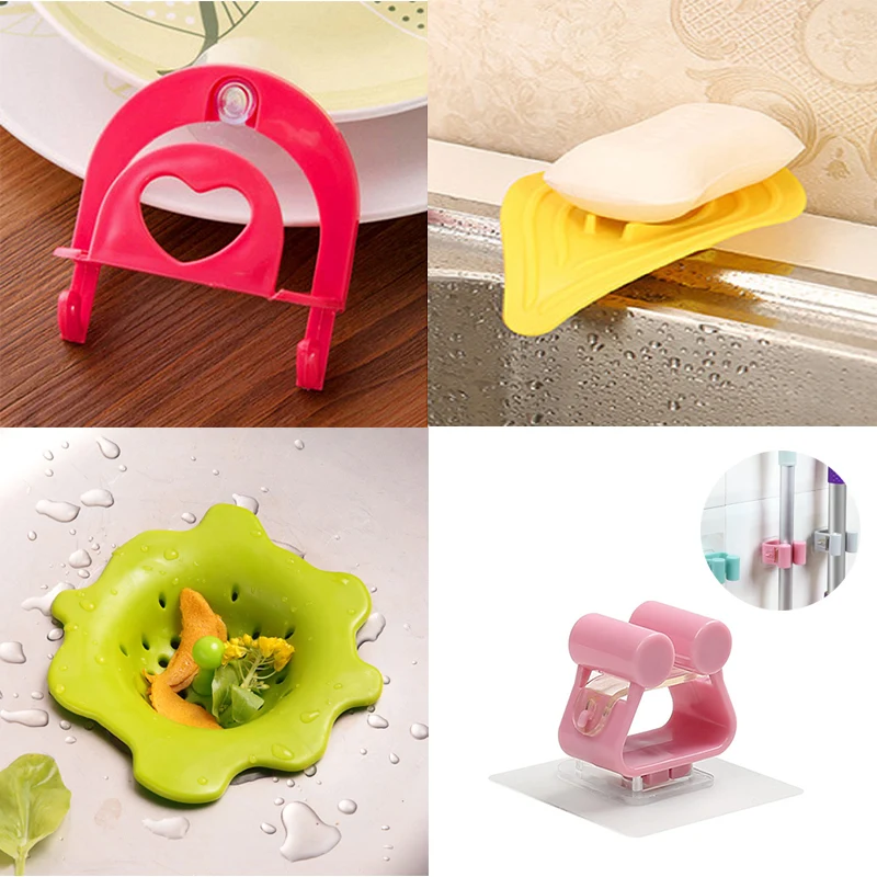 

4Pcs/set Kitchen Hanging Drain Bag Basket Bathroom Soap Hanging Multi-purpose Hook Love Heart Storage Wall Mounted Mop Holder