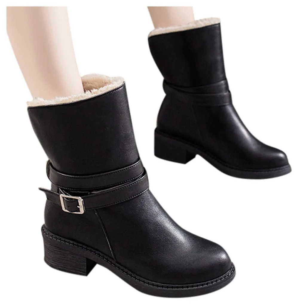 Модные Женские однотонные ботинки средней высоты с пряжкой и ремешком теплые
