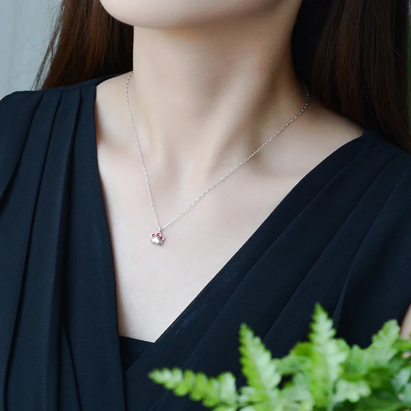 

Red Enamel Animal Jewelry Necklaces 925 Sterling Silver Single Paw Shape Pendant Necklaces For Women