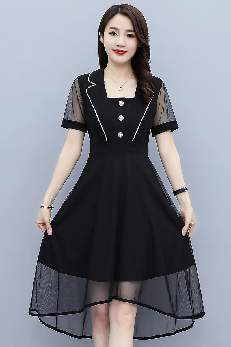 

COIGARSAM 5XL Plus Size Patchwork Women one-piece dress korean Summer Notched Mesh Dresses 6379