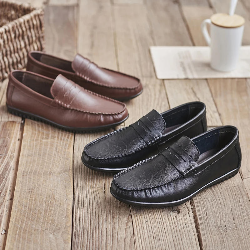 Туфли мужские классические легкие лоферы без застежки плоская подошва