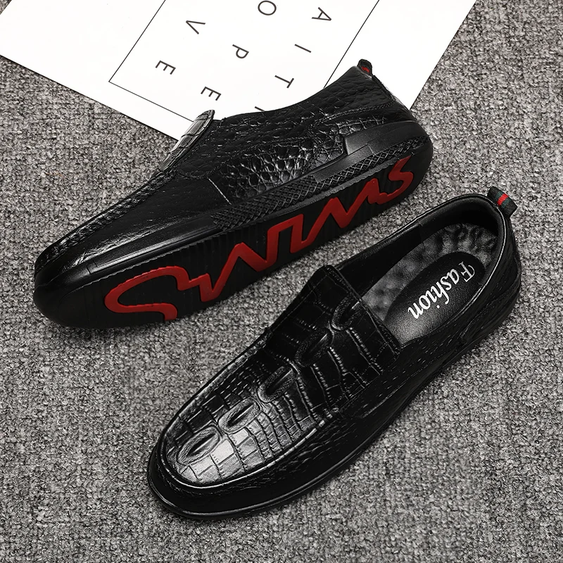 

Туфли мужские из натуральной кожи, тиснение под крокодила, классические, плоская подошва, лоферы, элегантные, топ-сайдеры, черные