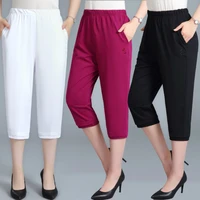 summer women high wiast pants fashion solid color loose calf length pants female capris casual stretch straight 34 trousers