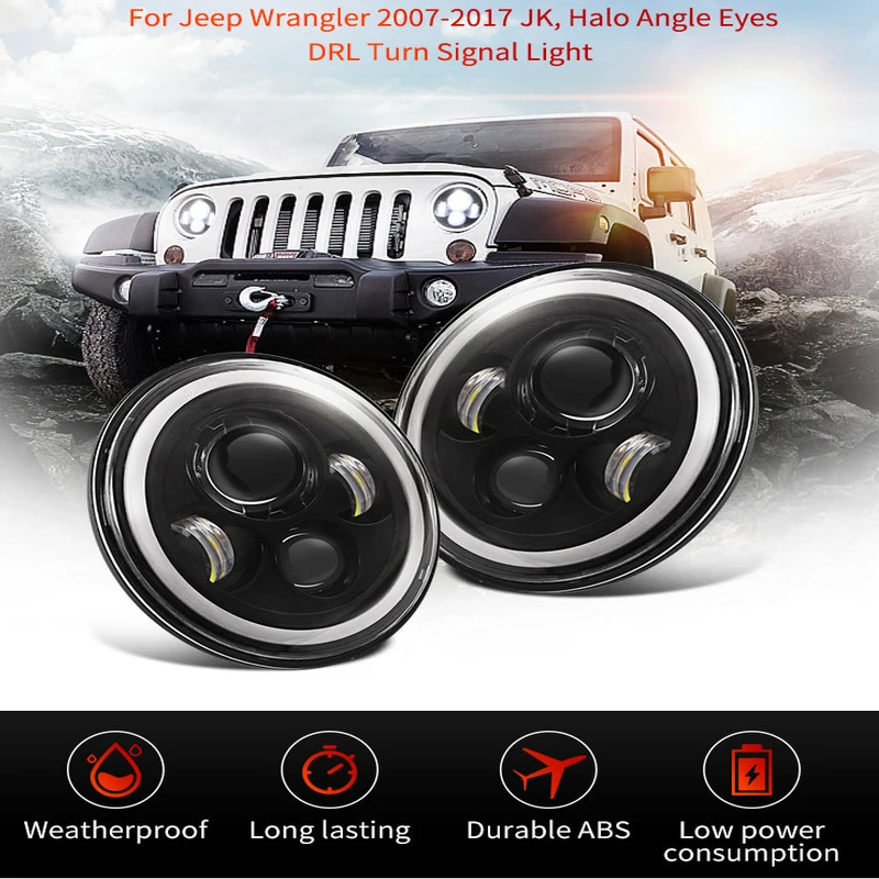 

Pair 7" LED H4 Headlights with Halo Angel Eye for Suzuki Samurai for Jeep Wrangler JK TJ 1997-2018 Lada Niva Beetle Classic