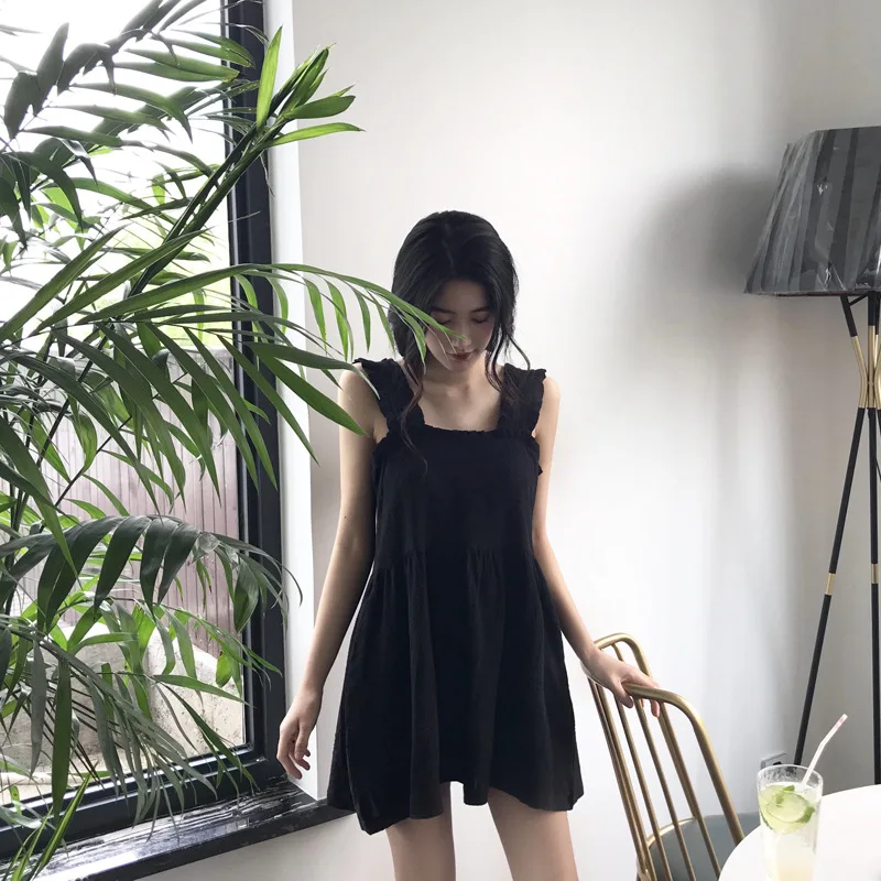 Винтажное платье на подтяжках милое однотонное шифоновое с высокой талией и