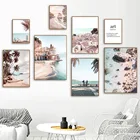 Постеры и принты в скандинавском стиле, настенная Картина на холсте с изображением берегового города, пляжного рифа, кокосового дерева, велосипеда, декор для гостиной