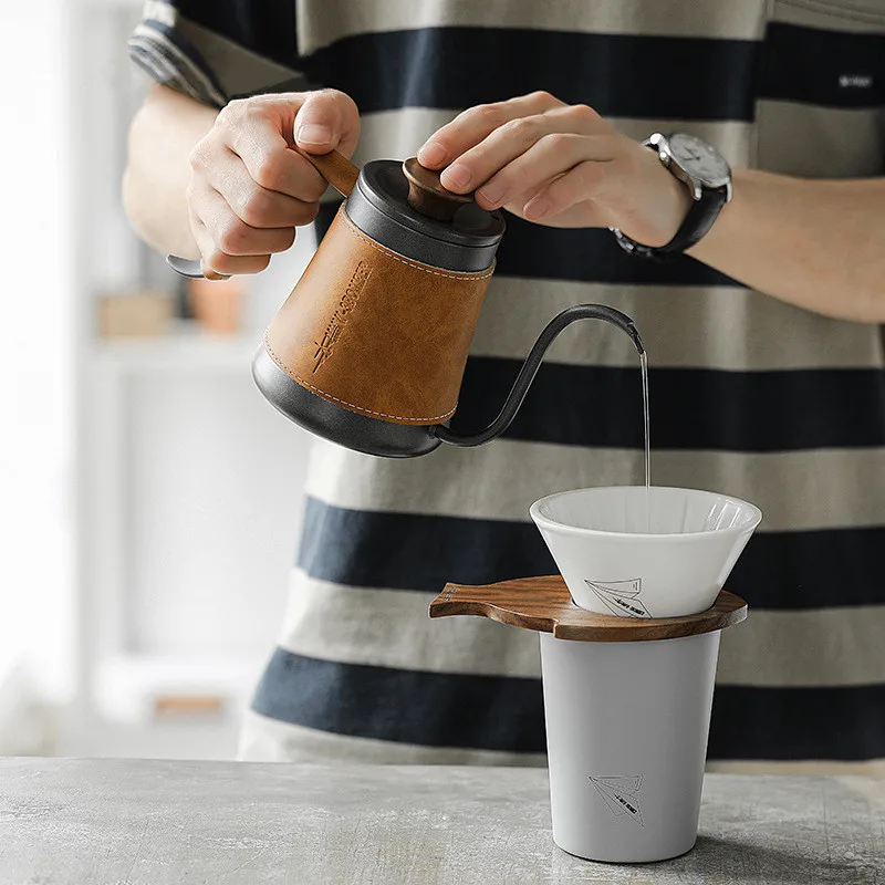 

Stainless Steel Hand Punch Pot With Comfortable Handle Coffee Maker Narrow Spout Coffee Kettle Covered With Leather Sheath