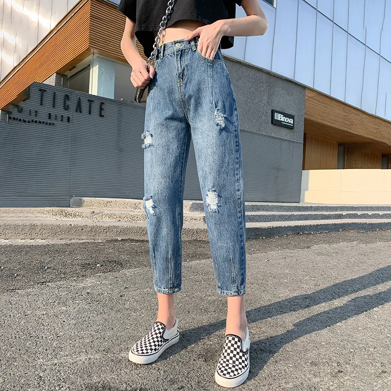 

2020 Women Fashion Ankle Length Jeans Lady Big Plus Size S-5XL Ripped Slim Pants Students High Waist Straight Baggy Punk Jeans