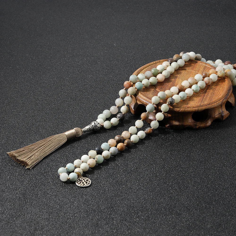 

8mm Amazonite108 Mala Beaded Knotted Necklace Meditation Yoga Spirit Tibetan Japamala Jewelry Rosary Tassel Pendant