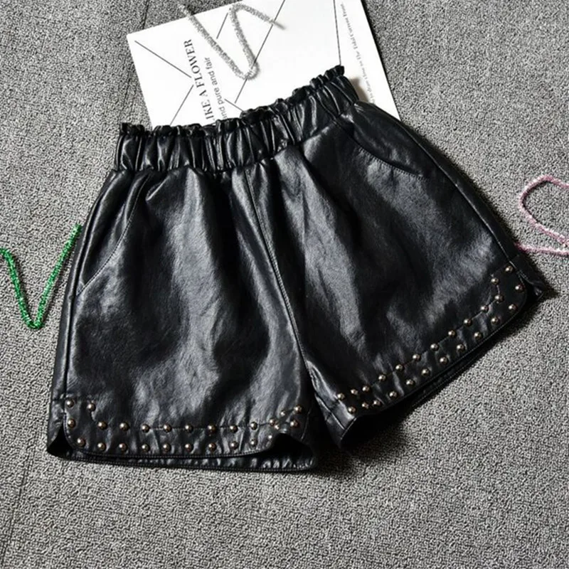 Женские шорты из ПУ кожи с заклепками и эластичным поясом|shorts short|leather shortspu leather