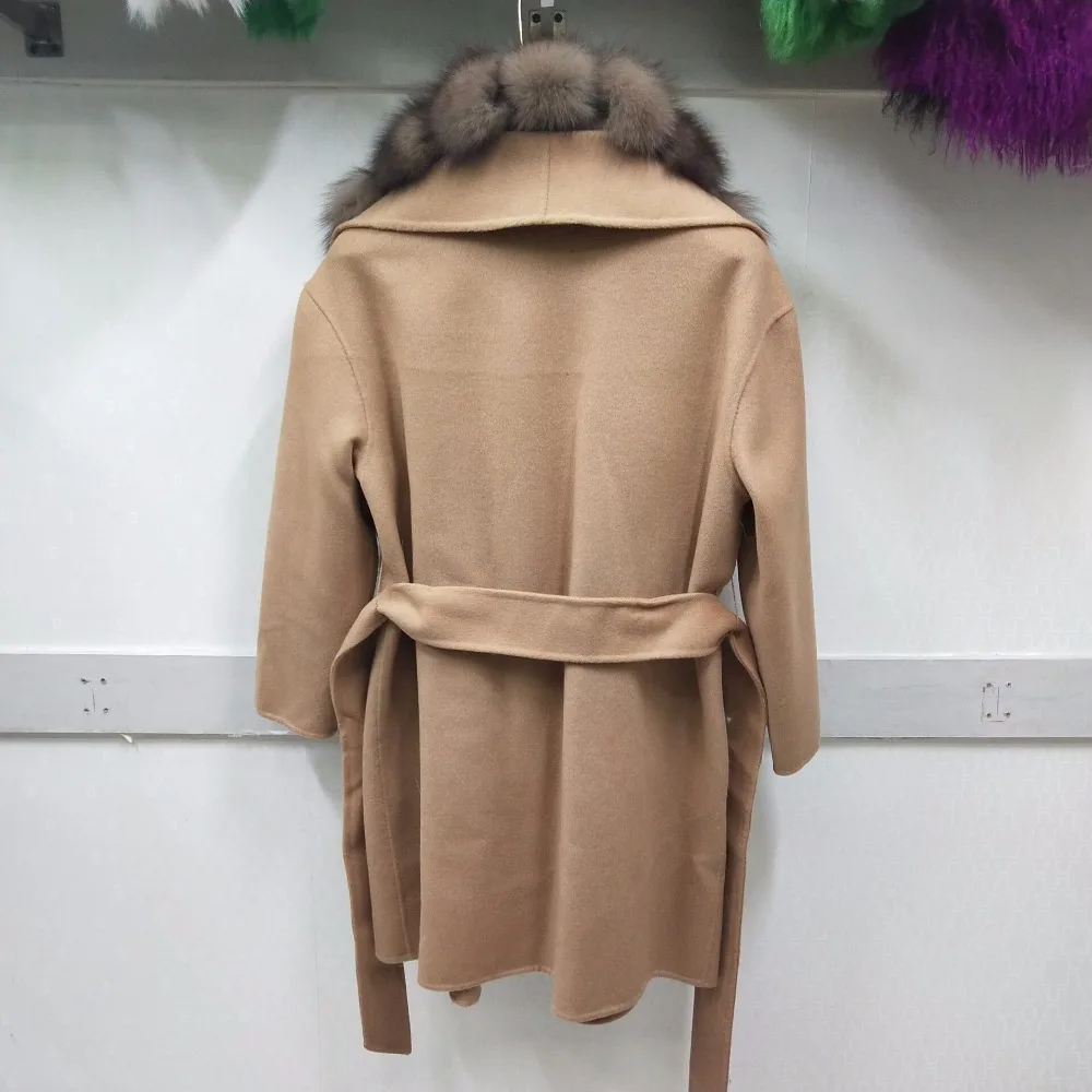 

Pop brand double-faced wool blend natural fox fur jacket with belt leather ladies jacket Pop women's fox fur jacket