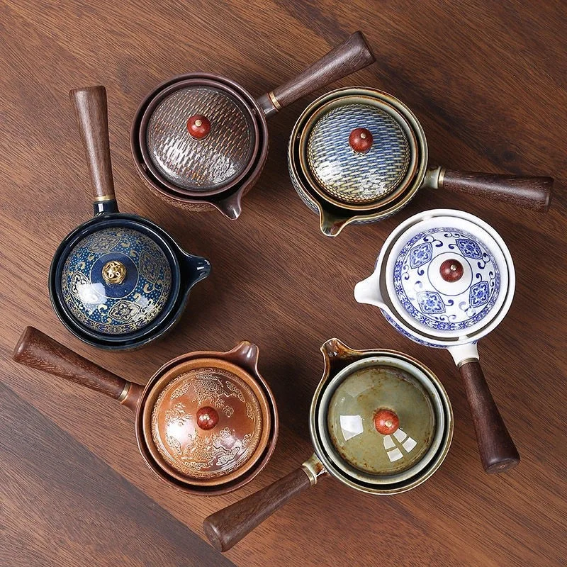 Tetera de cer&aacute;mica con mango de madera, olla con mango lateral, filtro de Kung Fu Oolong para el hogar, fabricante de t&eacute;, cer&aacute;mica negra creativa, regalos-5
