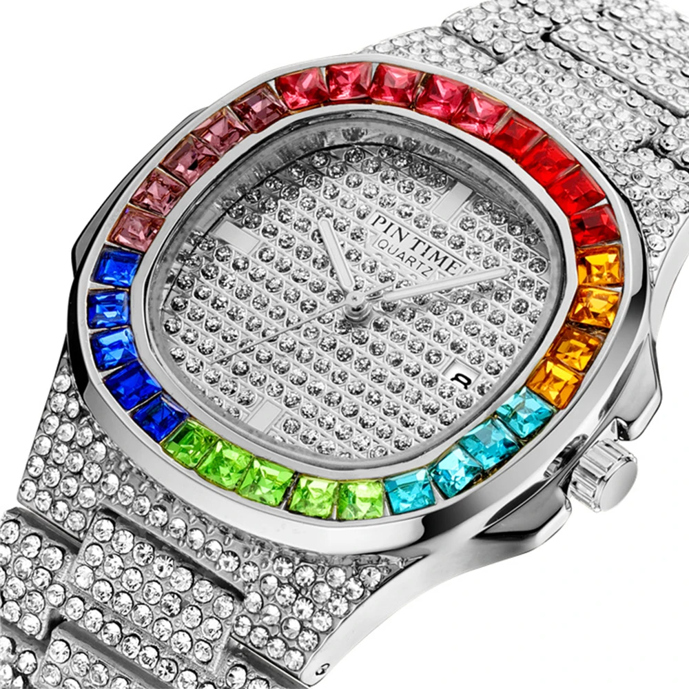 

Кварцевые часы Pintime, в стиле хип-хоп, со стразами, золотистые, серебристые, яркие, роскошные часы для мужчин, женщин, мужчин, наручные часы, под...