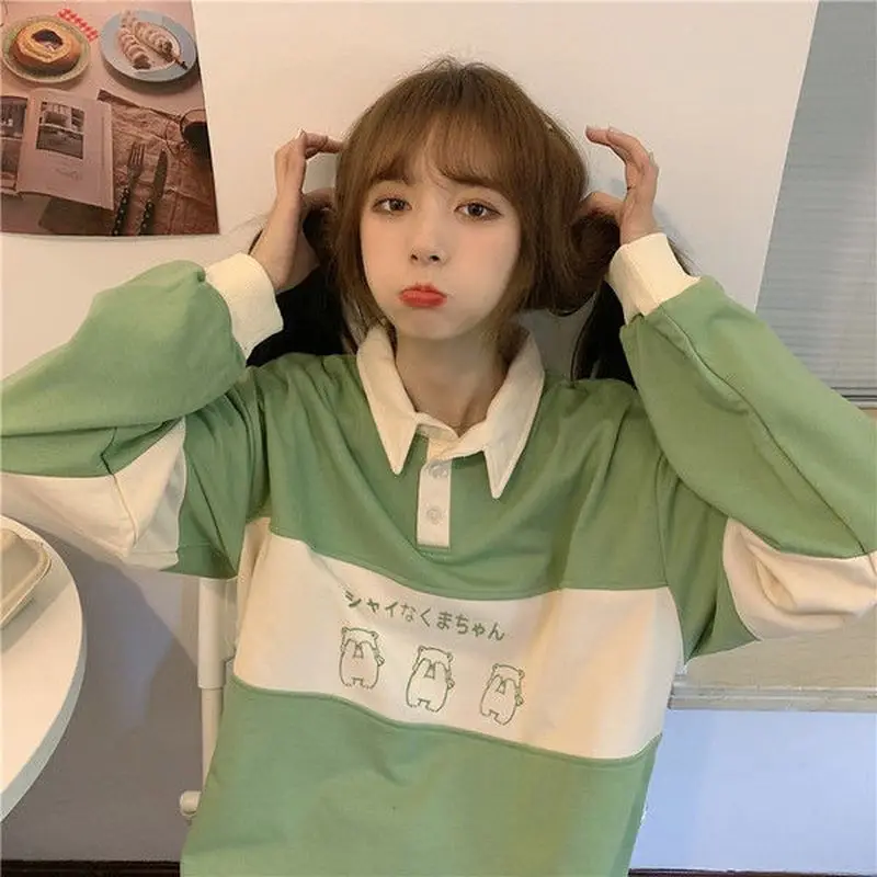 

Women Shirts Autumn New Polo Collar Printed Women Pullover Shirt Korean Loose Soft Girl Blouse Students High Street Clothes