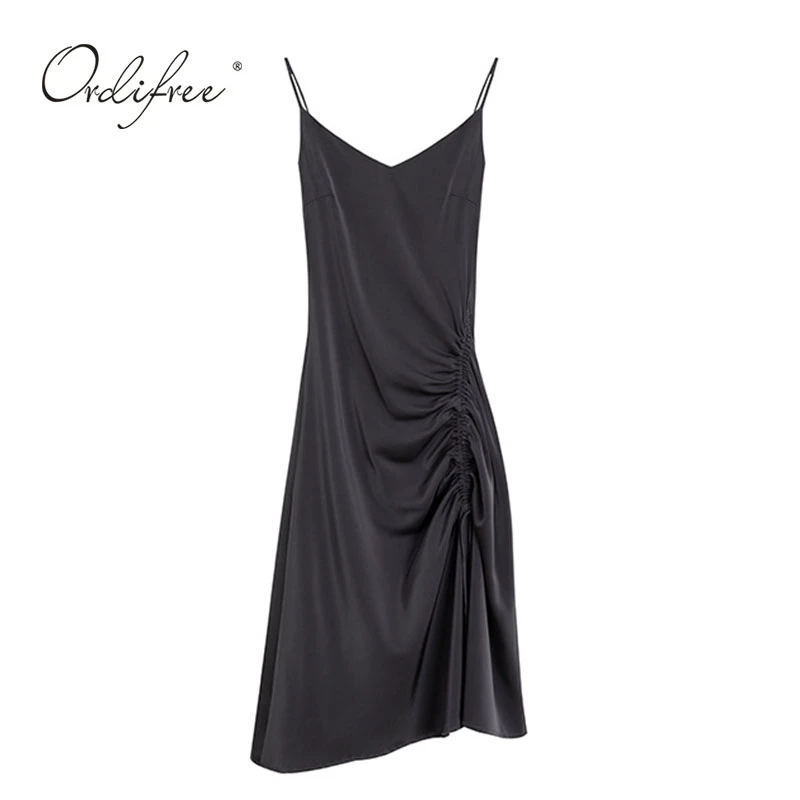 

2021 Summer Women Satin Slip Dress Spaghetti Strap Pink Vintage Sexy Slim Silk Draped Party Midi Dress