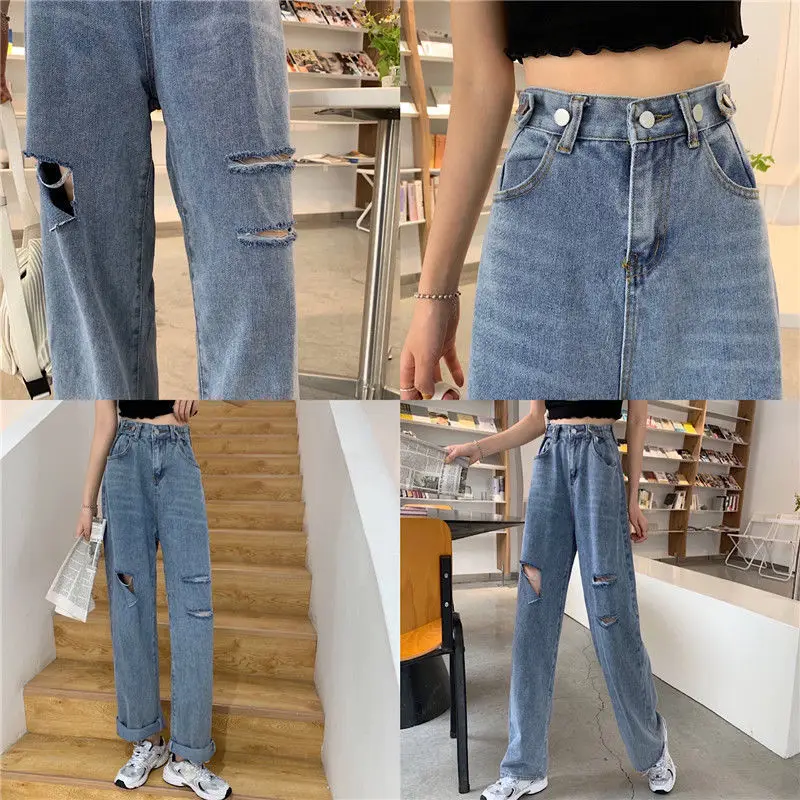 

Women Jeans Spring Hole Wide Leg Denim Trousers Loose Casual Korean Style Zippers Empire Streetwear Harajuku Retro Students Chic