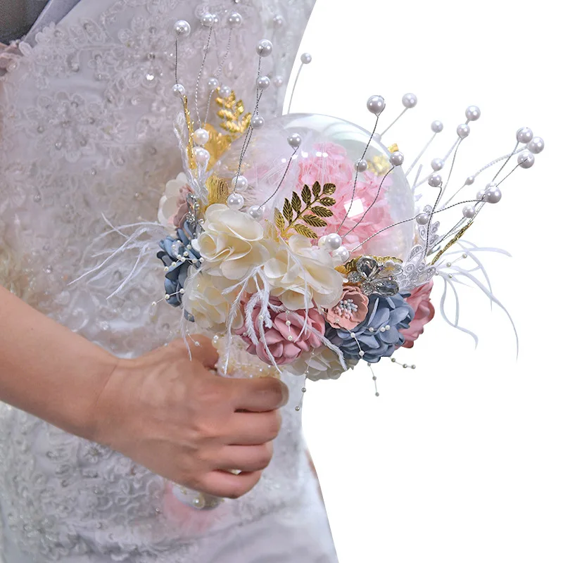 Kyunovia Dried Hydrangea Flower InTransparent Balls Pearl Bouquet Golden Leaf Bride Wedding Bouquet ramos gold de damas BY46