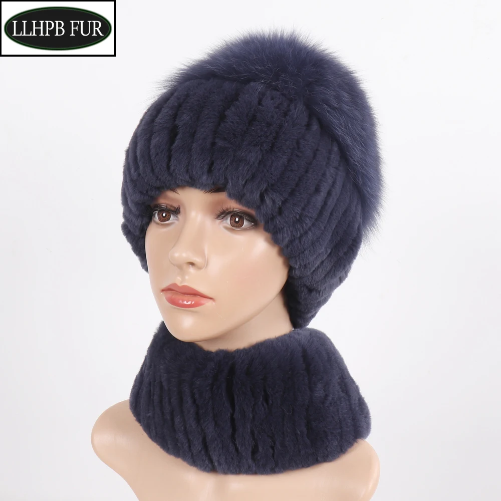 Женская эластичная трикотажная шапка-шарф из лисьего меха | Аксессуары для