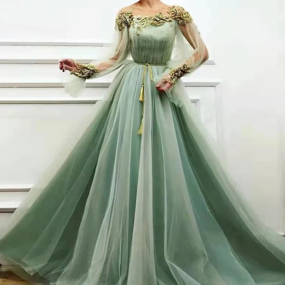 

Мусульманское светильник-зеленое Тюлевое платье с вышивкой и круглым вырезом, платье для выпускного вечера, ТРАПЕЦИЕВИДНОЕ арабское платье Дубая, вечерние платья