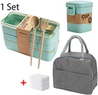 Трехуровневый Ланч-бокс из пшеничной соломы с сумкой, японский Ланч-бокс для микроволновой печи с ложкой-вилкой, пищевой контейнер для студентов, офисных работников