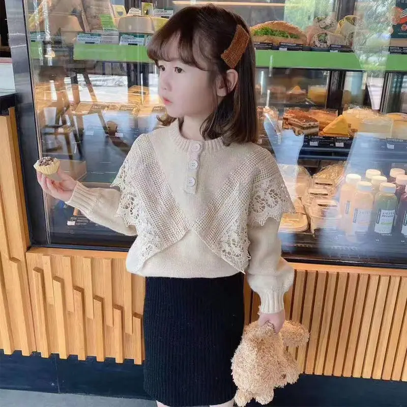 

2021 Autumn Winter Cute Toddler Baby Long Sleeves Sweater Tops Kids Girls Lace Patchwork Pullover Warm Soft Outfits Clothes D353