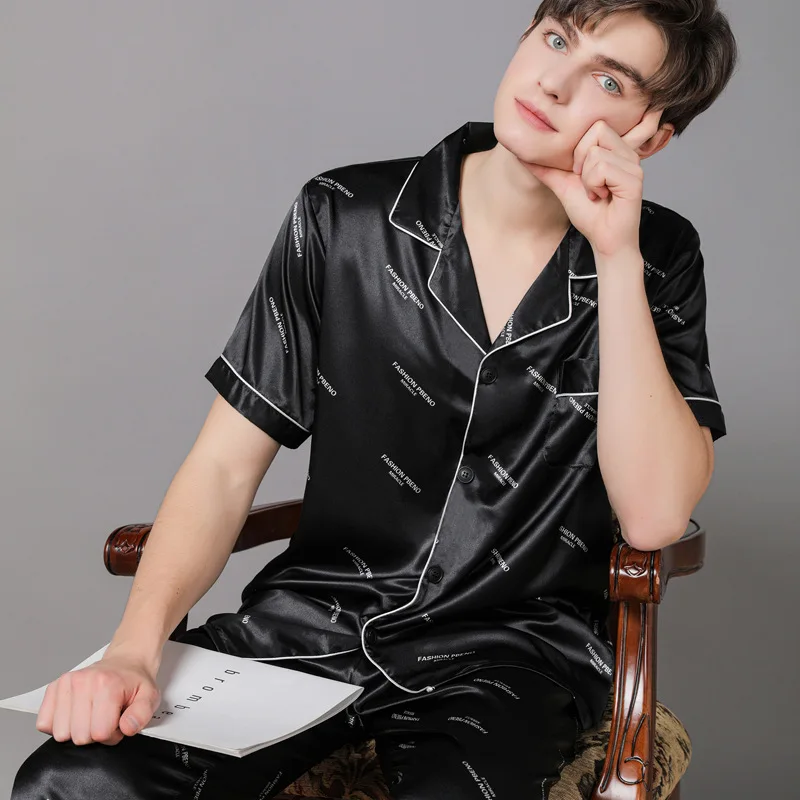 

Pajamas for men Silk noble sleep Short sleeve trousers Pajamas set