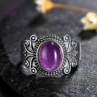 oval natural amethyst 925 sterling silver rings for women antique silver rings jewelry for party birthday gift fine jewelry