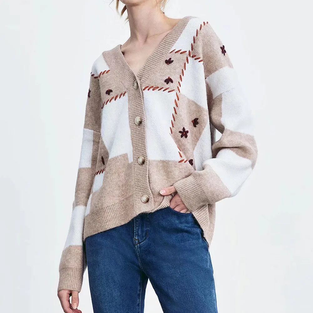 

Women 2021 New Fashion Jacquard Loose lattice Knitted Cardigan Sweater Vintage V Neck Long Sleeve Female Outerwear Chic Tops