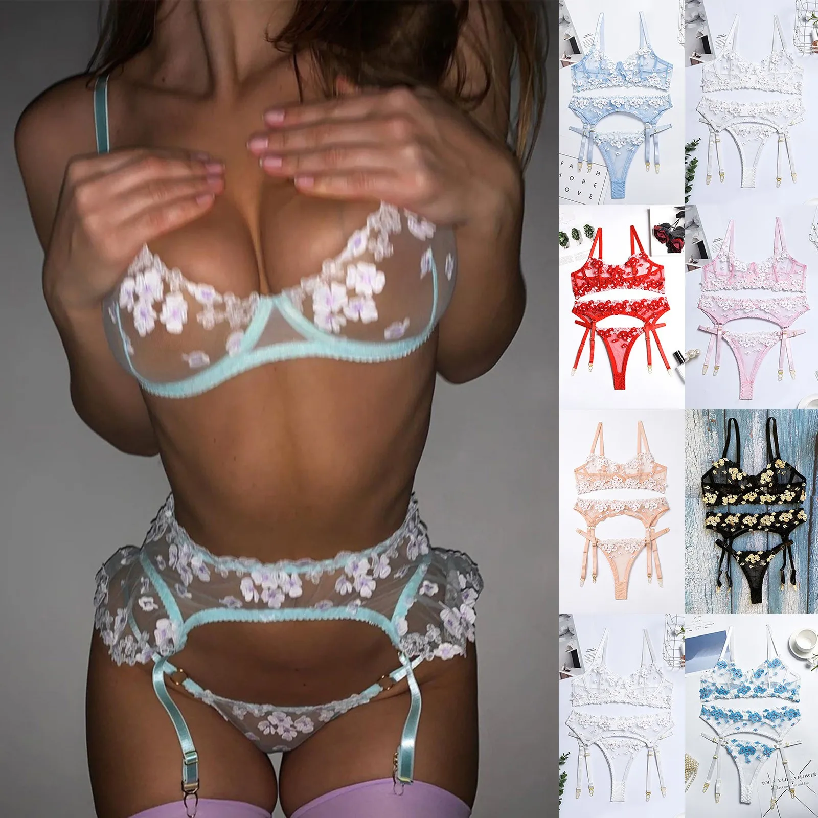 

Комплект нижнего белья, сексуальный экзотический бюстгальтер со стальными кольцами, нижнее белье с вышивкой, прозрачные стринги, пояс для ч...