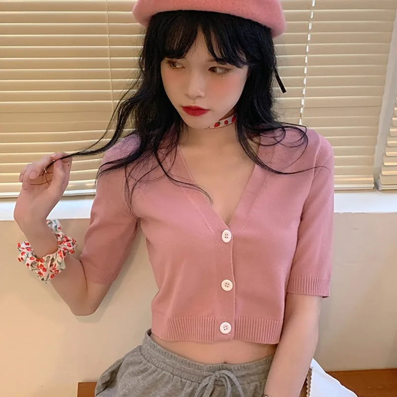 

Korean version of solid color V-neck Slim exposed navel knitted short sleeve T-Shirts 5 colors one size