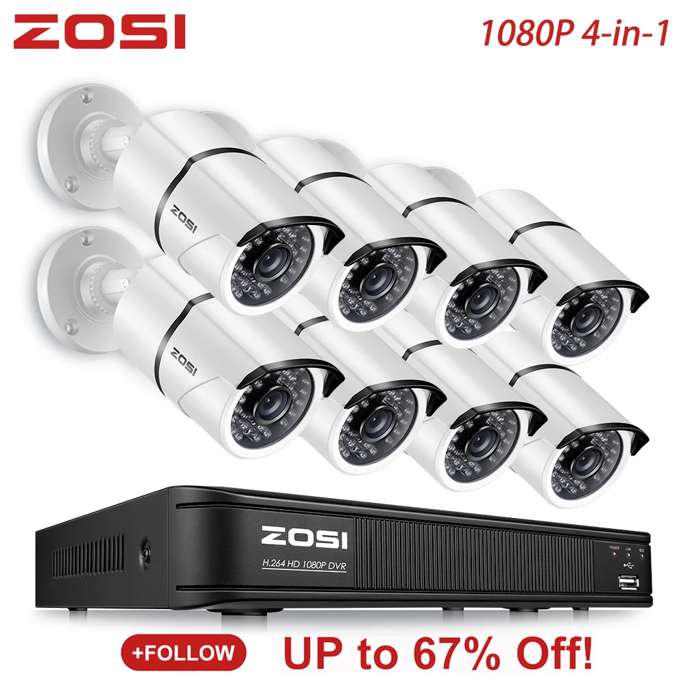 ZOSI 8-канальный сетевой видеорегистратор 1080P 4 в 1 TVI CVBS AHD CVI DVR 2MP Водонепроницаемый открытый безопасности видео Камера DVR комплект видеонаблюдения Системы