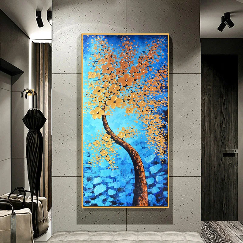 

Modern Oil Painting Printed on Canvas Golden Rich Tree Flower Plant Posters and Prints HD Wall Picture for Living Room Decor Art