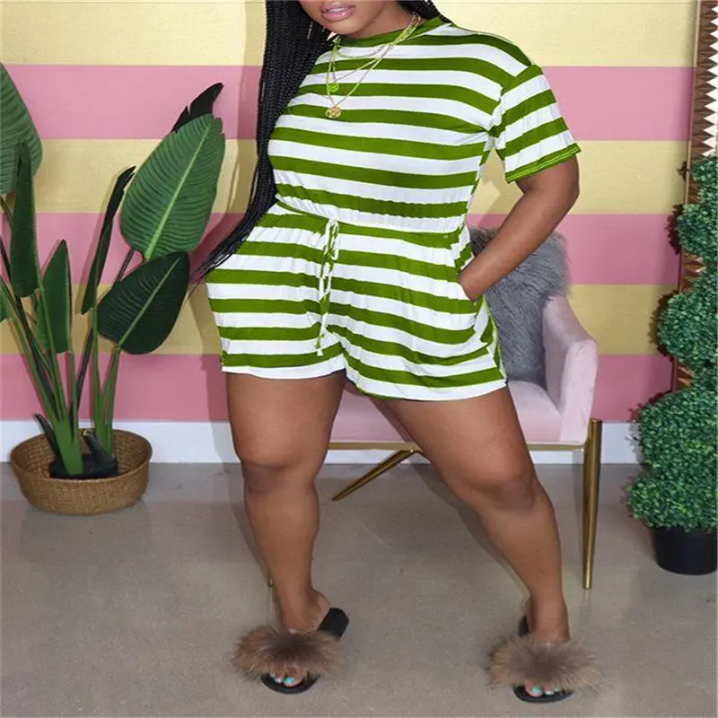 

Short Sleeve Striped Playsuit Rompers Jumpsuit 2020 New Women Lace-up High Waist Causal Loose Playsuit Shorts O-neck Summer Tops