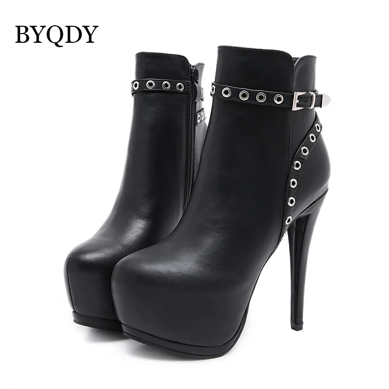 Женские ботильоны на высоком каблуке BYQDY черные кожаные ботинки платформе с