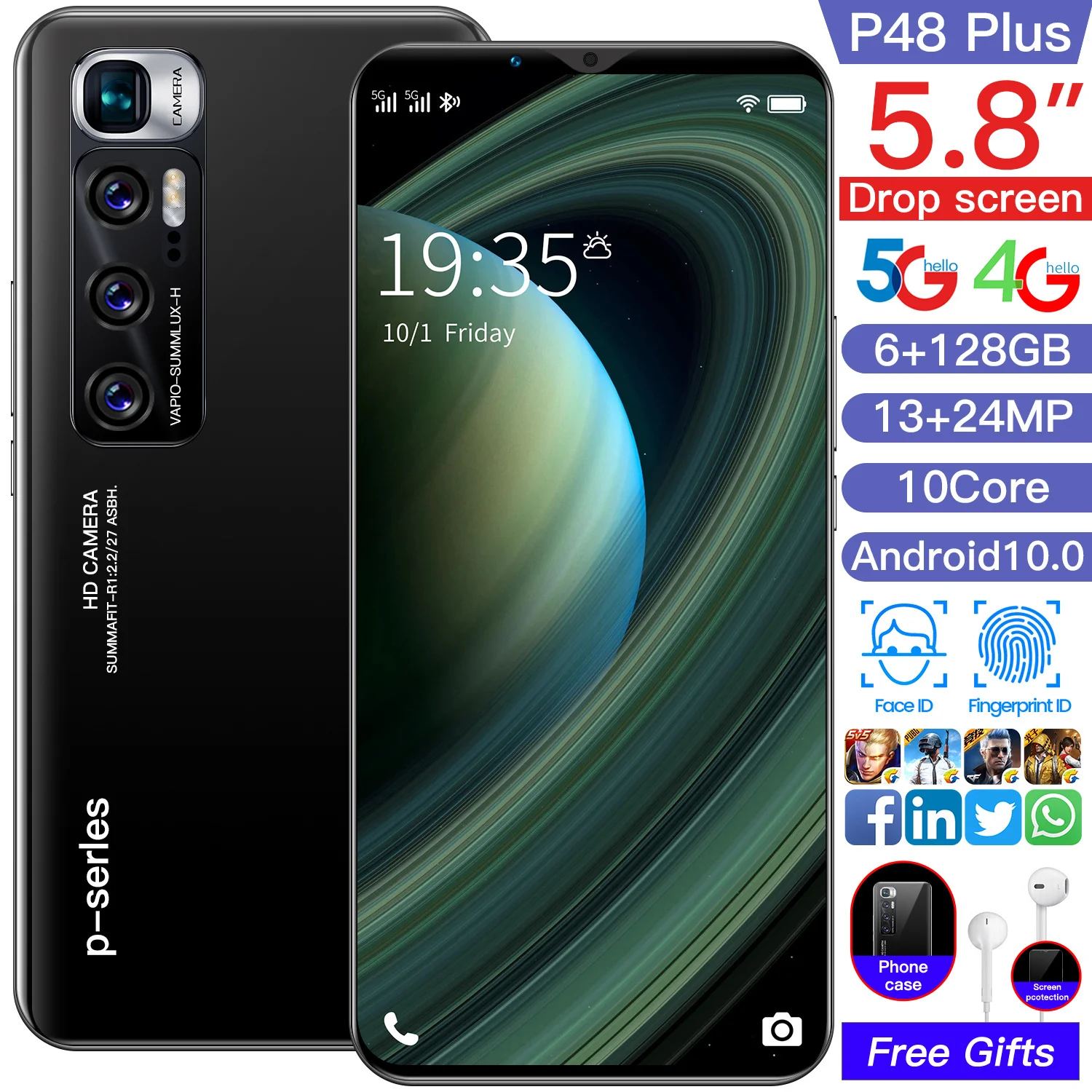

2021 P48 Plus 5.8 Inch 6+128 10 Core 4800mAh Mobile Phone MTK6799 Dual SIM+Micro SD Fingerprint ID 13+24MP Andriod Smartphones