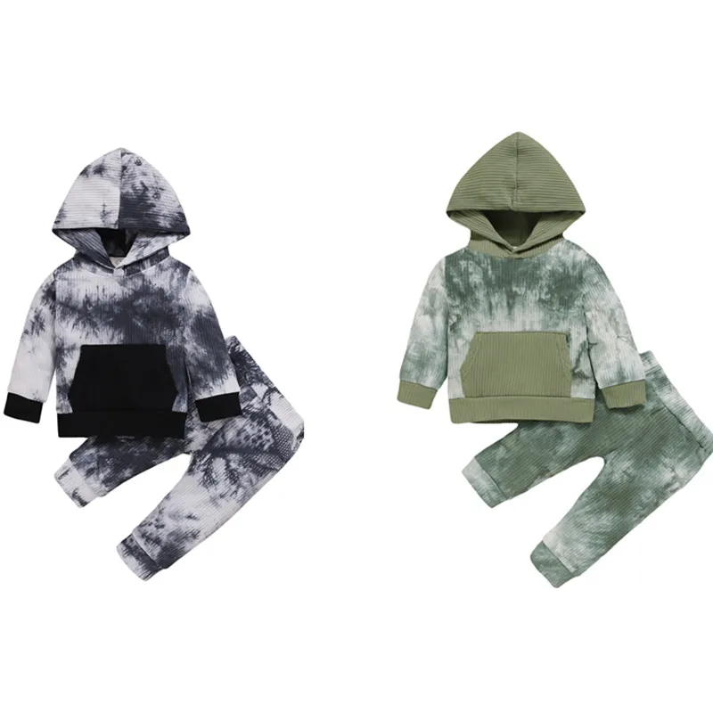 

Toddler Baby Spring Autumn Tie dye Outfits Ribbed Knit Long Sleeve Hooded Top + Long Pants 2Pcs Clothes Set
