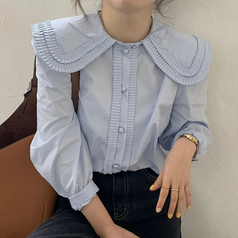 

Elegant White Blue Blusas Mujer Solid Peter Pan Collar Office Ladies Blouse Women Tops Korean Chic Single Breasted Shirts 2021