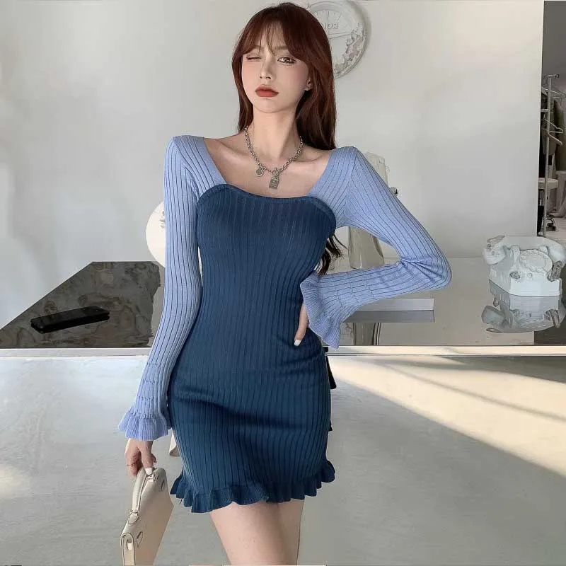 

One-Piece Slim Woman Knitted Sweater Dress Korean Fashion Party Holiday Dresses 2021 Spring Autumn Women'S Long Sleeves Dress